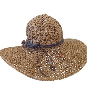 Scala Collezione Paper Woven Straw Sun Boater‎ Hat Tassles Boho Garden One Size